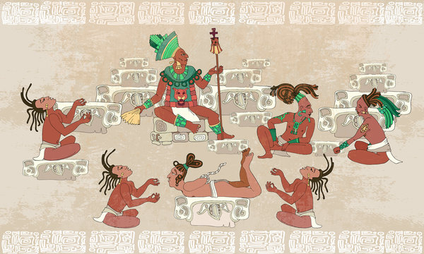 Ancient Maya, Aztec Inca. Traditional Mayan frescoes. Sacrifices scene. Ancient Maya in traditional suits