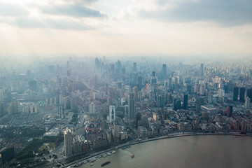 Puxi Buildings Skyscrapers Cityscape at haze sunset in Shanghai China