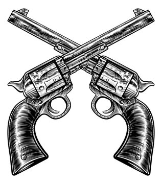 Crossed Pistol Gun Revolvers Vintage Woodcut Style