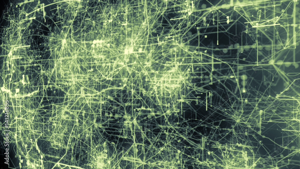 Poster light green lines drawn by bright spots eventually create an abstract image of a circuit board.