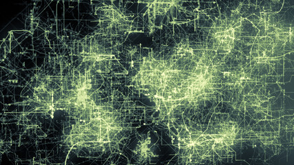 Light green lines drawn by bright spots eventually create an abstract image of a circuit board.