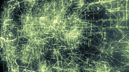 Light green lines drawn by bright spots eventually create an abstract image of a circuit board.