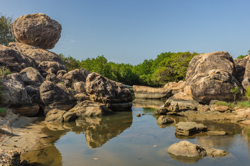 Beautiful beach lagoon bicycle rocks boy