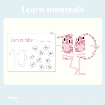 Counting educational, kids activity sheet. Learning numbers 10 stock vector illustration
