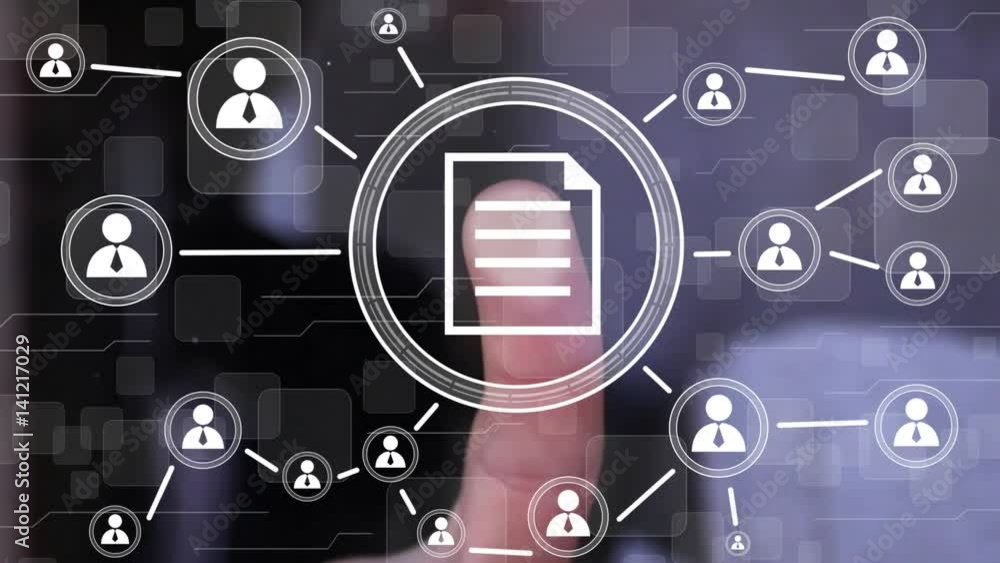 Poster businessman pressing button file in network