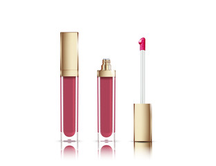 Lip gloss in elegant glass bottle with golden lid, closed and open container with brush, isolated on white background. Liquid lipstick.