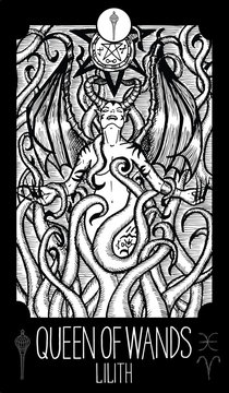 Queen of Wands. Lilith. Minor Arcana Tarot card. Fantasy engraved illustration. See all collection in my portfolio set