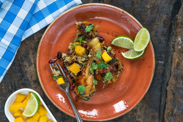 Mango chicken, bean and rice bake