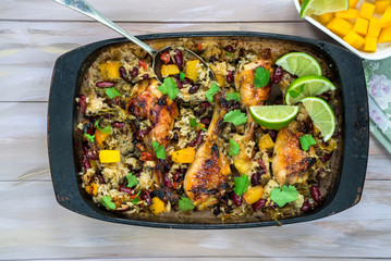 Mango chicken, bean and rice bake