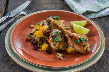 Mango chicken, bean and rice bake