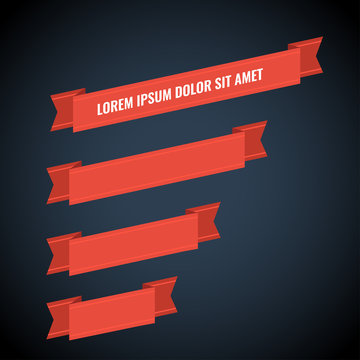 Red web ribbon banners set on dark background for design. Vector illustration