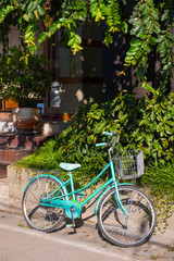 Fototapeta na wymiar green bicycle parked beside the house