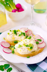 Mozzarella and ricotta roll on the wheat bread with sliced radishes, chopped ramson. Ukrainian artisanal cheeses.