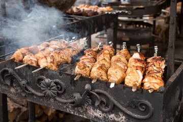 Barbecue with delicious grilled meat on grill. Beef kababs over charcoal