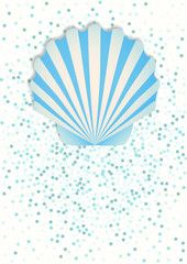 A beautiful poster with a blue seashell on a background of confetti. Template for summer flyer, for advertising of tourist offers, souvenirs.