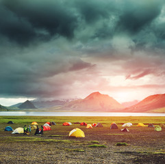 Travel to Iceland. Beautiful Icelandic landscape with mountains, sky and clouds. Trekking in...