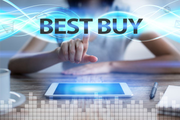 Woman using tablet pc, pressing on virtual screen and selecting best buy.