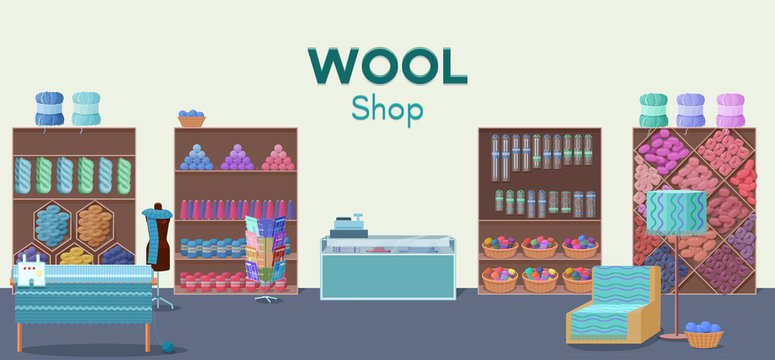 Wool shop interior template with yarn skeins, knitting tools,  machine and handmade hobby accessories in flat style vector illustration