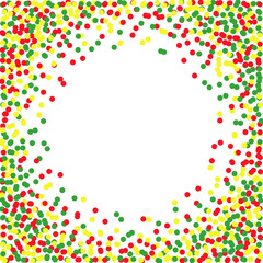 Abstract festive background with round edging of multi-colored confetti. A square pattern with chaotically arranged small circles to create posters, flyers for celebrations and sales.