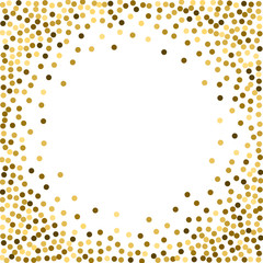 Abstract festive background with round edging of golden confetti. A square pattern with chaotically arranged multi-colored small circles to create posters, flyers for celebrations and sales.