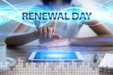 Woman using tablet pc, pressing on virtual screen and selecting renewal day.