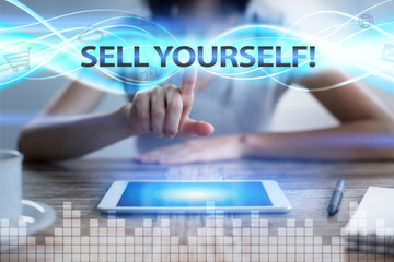 Woman using tablet pc, pressing on virtual screen and selecting sell yourself!.