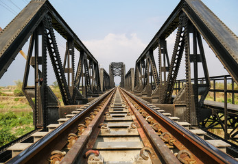 Fototapeta na wymiar Steel structure of railway bridge, railway rail with vanishing point, amazing perspective