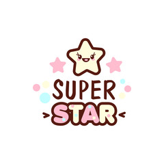Cute little face and super star lettering illustration. illustration of isolated with phrase on white. Vector style pacifier Kawaii emoticons for print on t-shirt, one piece body gift for kids