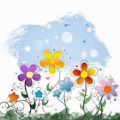 Spring time colorful abstract doodle flowers background