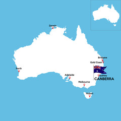 Fototapeta premium A detailed map of Australia with indexes of major cities of the country. National flag of the state. Vector illustration.