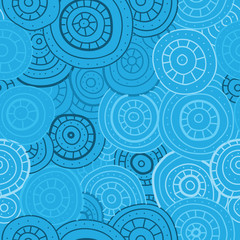 Abstract seamless pattern of circles, lines and dots. Blue hand-drawn circles
