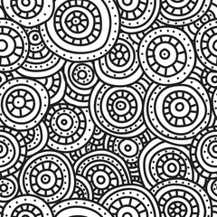 Abstract seamless pattern of circles, lines and dots. Thin and thick contour. Black hand-drawn circles