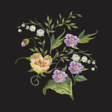 Embroidery colorful trend floral pattern with poppies and lilies of the valley. Vector traditional folk flowers bouquet on black background for design.