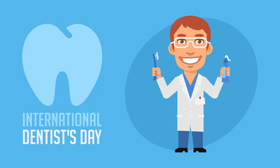 International Dentists Day Dentist Holding Toothpaste and Toothbrush