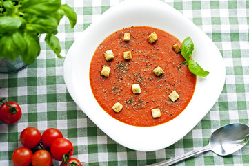 Polish cream soup with croutons made with fresh tomatoes on the tablecloth in a green plaid