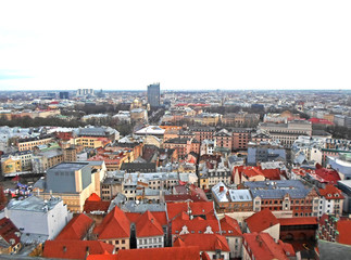 Fototapeta na wymiar Panoramic view to the city center of old Riga from the Saint Peter's Church's tower, Latvia - December 2016