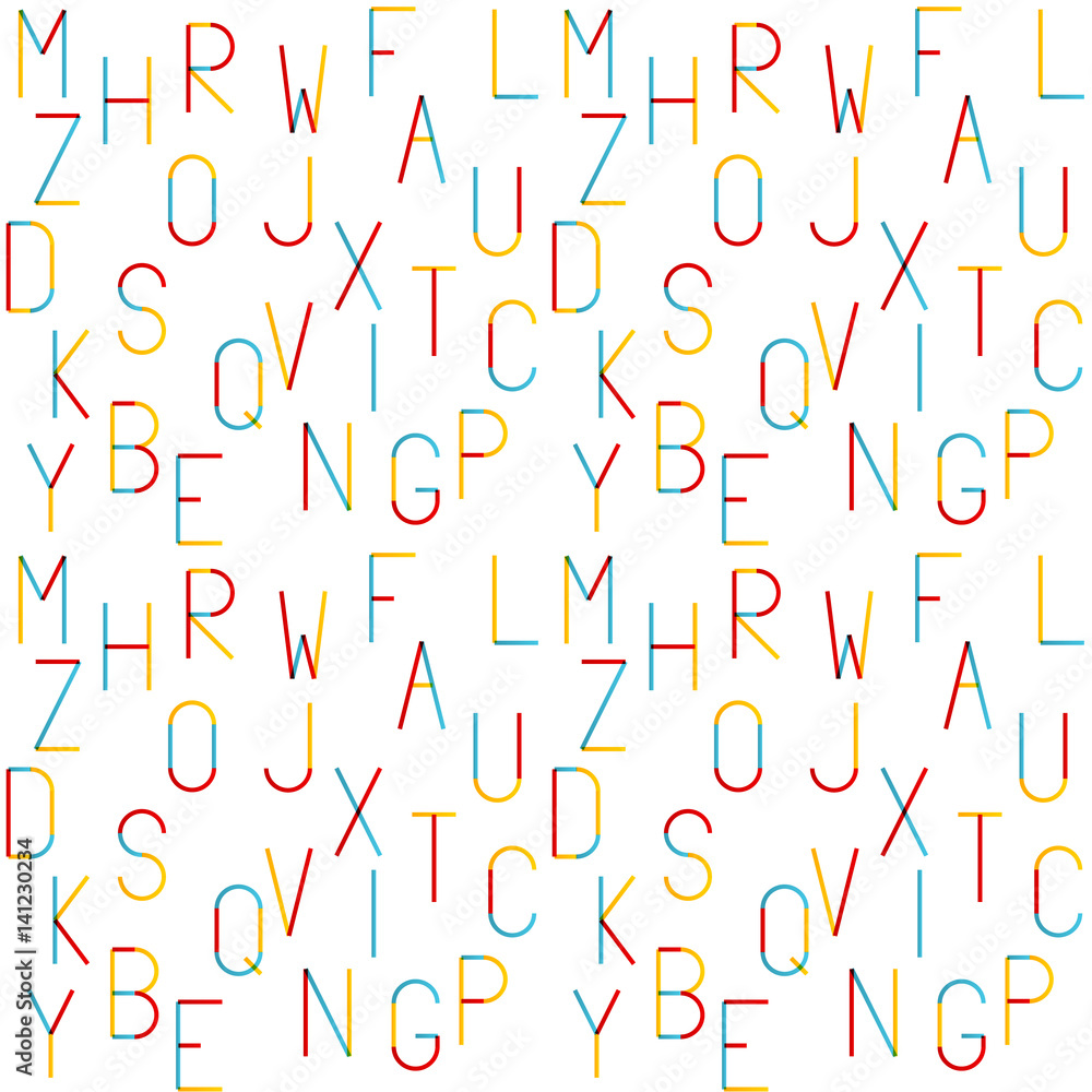 Poster seamless alphabet pattern - thin and tall multicolored letters on white background