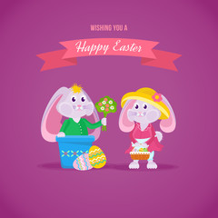 Beautiful holiday hares, one gives bouquet of flowers to another.