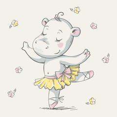 Obraz na płótnie Canvas Cute baby hippo ballerina dancing cartoon hand drawn vector illustration. Can be used for baby t-shirt print, fashion print design, kids wear, baby shower celebration greeting and invitation card.