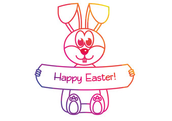 Rainbow colored Easter Bunny with Happy Easter banner, isolated on white