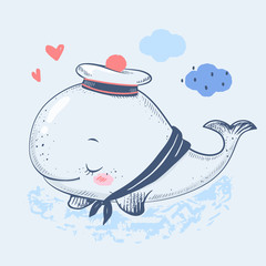 Naklejka premium Cute baby wieloryb w marynarskim garniturze kreskówka ręcznie rysowane ilustracji wektorowych. Może być stosowany do nadruku na koszulce dla dzieci, projektowania modowego nadruku, odzieży dziecięcej, powitania z okazji urodzin baby shower i karty z zapro