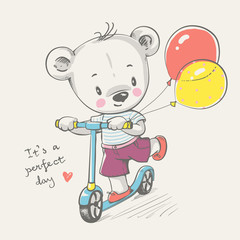Naklejka premium Cute little bear riding a scooter cartoon hand drawn vector illustration. Can be used for baby t-shirt print, fashion print design, kids wear, baby shower celebration greeting and invitation card.