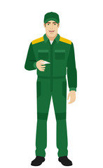 Man in uniform gives a business card