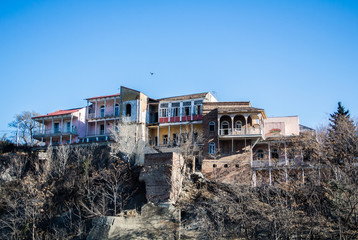 Wooden houses with decorated balconies, a center of Tbilisi old town, Georgia, Caucasus mountains.