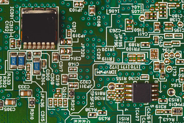 Microelectronic circuit with digital components board close up.