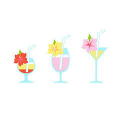 Vector set of flat illustrations of tropical cocktails. Various alcoholic drinks in glasses decorated with exotic flowers.