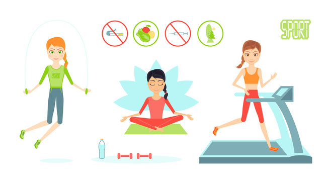 Sportswoman character set. Cartoon vector flat infographic illustration. Girl leads a healthy sport lifestyle. Yoga, on the treadmill. Jumping rope, dumbbells, water bottle.