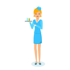 Girl in beautiful clothes of stewardess, carries tray with drinks.