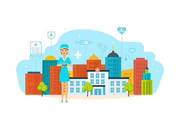 Medical worker holds test tubes with patient analyzes and chemicals.