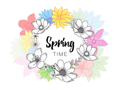 Design banner with spring time wording and hand drawn colorful flowers